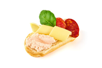 Crostini with cream cheese, isolated on white background. High resolution image.