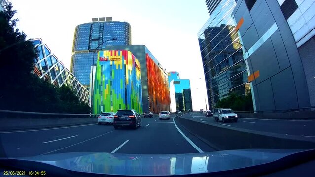 Driving through Sydney City Centre towards Sydney Harbour Bridge