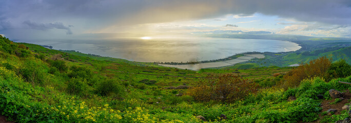 Panoramic view of the Sea of Galilee, winter day