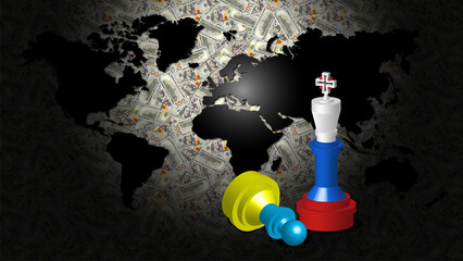 3d illustration of chess pieces, a king in the colors of the Russian flag and a lying pawn in the colors of the Ukrainian flag on a dark background with 100 dollar bills and world map