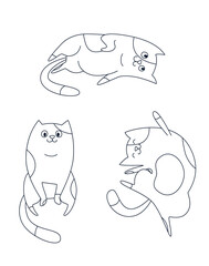 set of outline cute cats, doodle cartoon style, vector illustration, coloring page
