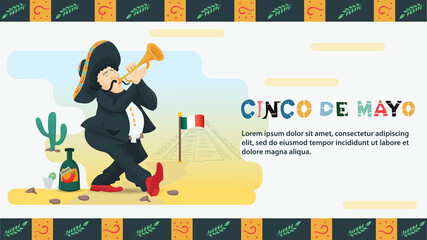Vector flat design illustration on the theme of the Mexican holiday Cinco de Mayo A man in a national costume plays a trumpet next to a bottle with a drink