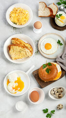 Various ways of cooking chicken eggs on light background.