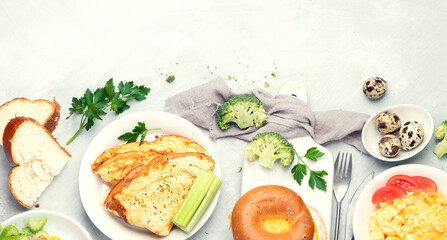 Various ways of cooking chicken eggs on light background.