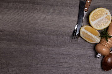 pepper background lemon steak set gray