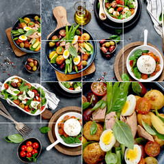 Collage of assorted salads .