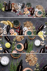 Alternative medicine collage , pills and herbs variety.