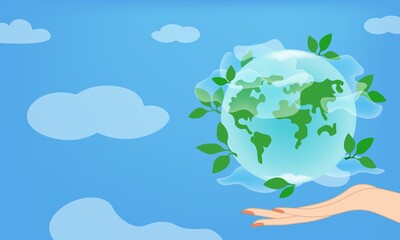Hands holding earth globe silhouette graphic design. Sign, emblem of the planet in warm hands on the sky vector illustration. Template, banner, poster, postcard for Earth Day.