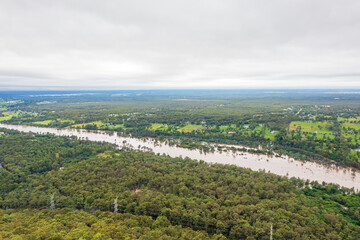 Fototapeta na wymiar Drone aerial photograph of flooding in the Cumberland Plain and Nepean River in Australia.