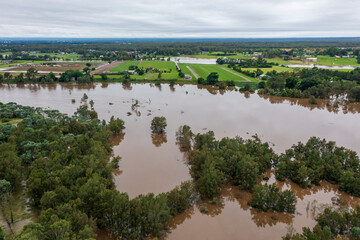 Drone aerial photograph of flooding in the Nepean River in Australia.