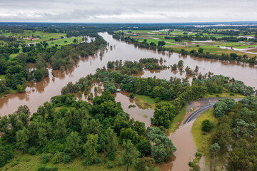Fototapeta na wymiar Drone aerial photograph of flooding in the Nepean River in Australia.