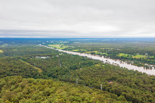 Drone Aerial Photograph Of Flooding In The Cumberland Plain And Nepean River In Australia.