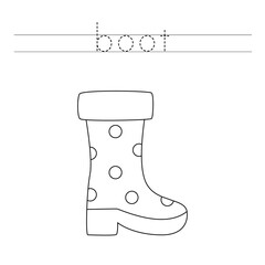 Trace the letters and color rubber boots. Handwriting practice for kids.