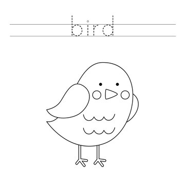 Trace the letters and color cute bird. Handwriting practice for kids.