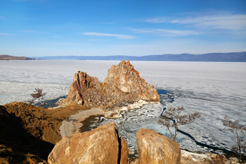 Lake Baikal, Olkhon Island during the melting of the ice. Cape Burkhan, Shamanka Rock on a sunny...