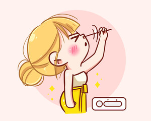 Cute girl in thailand traditional using coronavirus rapid antigen self test kit logo banner hand drawn cartoon art illustration