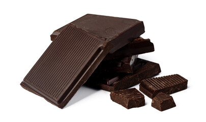 Small dark chocolate pieces isolated on white background