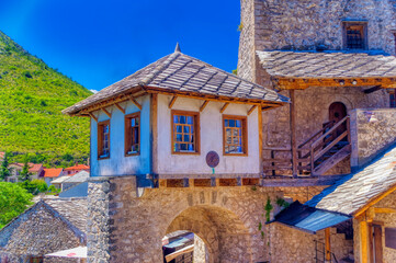 Replica of traditional coffee house in Ottoman style located near Old Bridge in Mostar, Bosnia and...