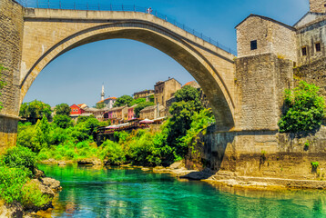 View over famous Old Bridge over river Neretva in Mostar, Bosnia and Herzegovina.