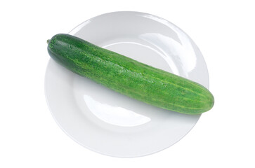 Top view of single green fresh cucumber vegetable on white plate isolated on white background with clipping path