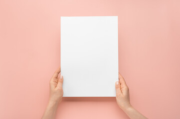 Female hands holding blank paper isolated on pink background in vertical position. Close up. Human...