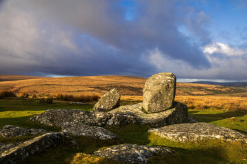 Vibrant clouds over Combestone Tor on Dartmoor Devon in the west country of England UK