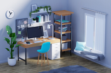 3D rendering of the interior of a cozy stylish workplace in the room. 
3D illustration of a home office in a modern apartment decorated with plants, with a computer, a work desk, and a large window.