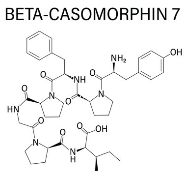 Beta-casomorphin peptide 7 molecule. Breakdown product of casein that may play a role in human diseases. Skeletal formula.