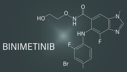 Binimetinib cancer drug molecule (MEK inhibitor). Skeletal formula.	