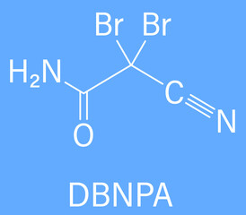 2,2-dibromo-3-nitrilopropionamide (DBNPA) biocide molecule. Skeletal formula.	