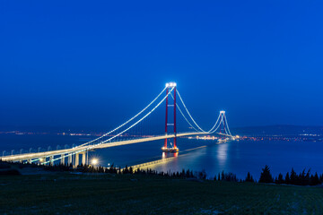 1915 Canakkale Bridge in Canakkale, Turkey. World's longest suspension bridge opened in Turkey. Turkish: 1915 Canakkale Koprusu. Bridge connect the Lapseki to the Gelibolu.