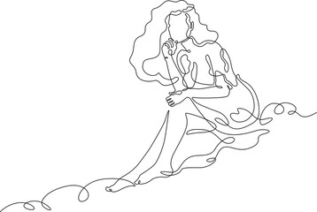 Fototapeta na wymiar Woman sits on the edge of a cliff.Young woman sits alone on a rock. Romantic anticipation.Teenager is sad in loneliness.One continuous line drawing.Girl with luxurious hair in a dress.Line Art