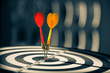 Bullseye target goal or dartboard has dart arrow throw hitting center shooting for financial...