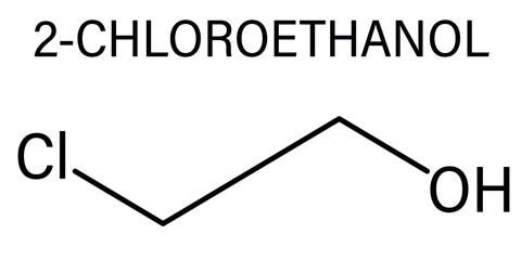 Ethylene chlorohydrin or 2-Chloroethanol molecule. Side product formed during ethylene oxide sterilization. Skeletal formula.