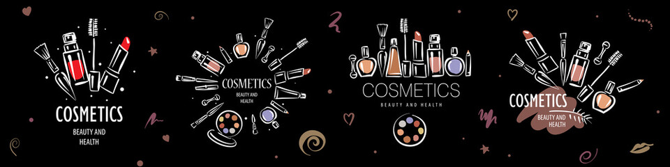 A set of vector logos of painted cosmetics on a black background