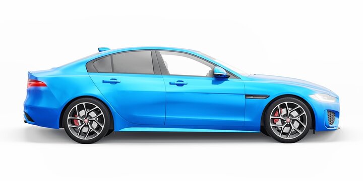 Tula, Russia. February 3, 2022: Jaguar XE R Dynamic 2020. Blue Premium sports sedan. 3D illustration