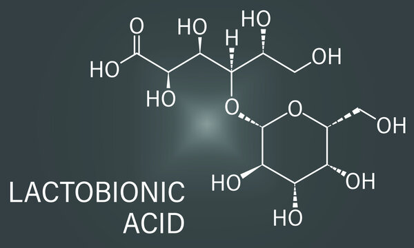 Lactobionic acid (lactobionate) molecule. Commonly used additive in food products, medicinal products and cosmetics. Skeletal formula.
