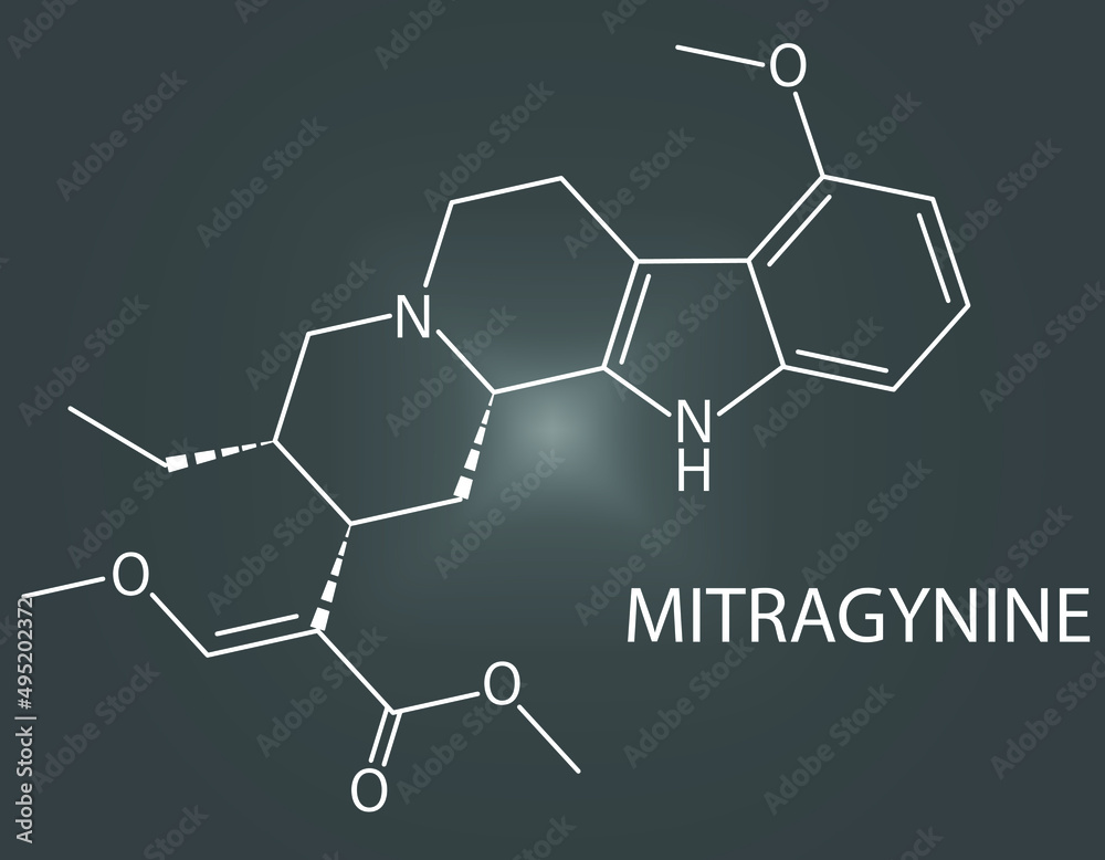 Poster Mitragynine molecule. Herbal alkaloid present in kratom (ketum, Mitragyna speciosa). Skeletal formula.