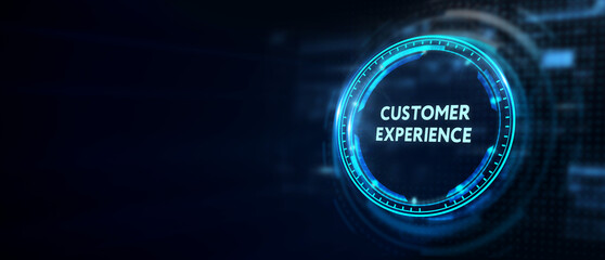 Business, Technology, Internet and network concept. Technology future. Young businessman clicks on the virtual display button: Customer Experience.  3d illustration