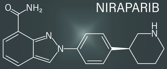 Niraparib cancer drug molecule (PARP inhibitor). Skeletal formula.	