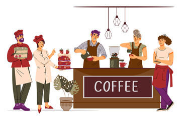 Coffeehouse or pastry shop staff with barista and pastry cooks, waiters. Sweet Pastry and coffee selling, cafe or coffee shop employees, flat vector illustration on white background.