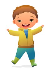 Little Boy preschooler. Person in autumn clothes. Raincoat and rubber boots. Cheerful funny kid. Baby joy. Cute child. Cartoon style illustration. Flat design. Isolated on white background. Vector