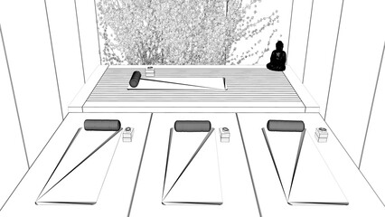 Blueprint project draft, yoga studio interior design, japanese zen style, exterior garden with ivy, wooden floor, mats and pillows, top view, above. Ready for practice, meditation