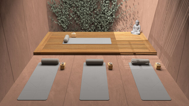 Yoga Studio Interior Design In Orange Tones, Japanese Zen Style, Exterior Garden With Ivy, Wooden And Concrete Floor, Mats And Pillows, Top View, Above. Ready For Practice, Meditation