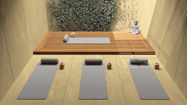 Yoga Studio Interior Design In Yellow Tones, Japanese Zen Style, Exterior Garden With Ivy, Wooden And Concrete Floor, Mats And Pillows, Top View, Above. Ready For Practice, Meditation