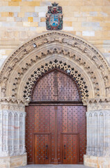 Spain, Bilbao, the wooden door in the portico  of the Santiago Cathedral