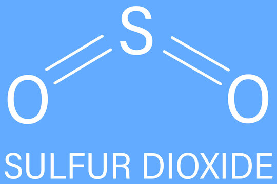 Sulfur dioxide food preservative molecule (E220). Also used in winemaking and responsible for sulfites in wine. Skeletal formula.