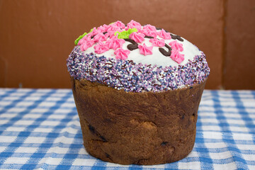 Easter cake on the table,Easter cake on a blue tablecloth on the Ukrainian table