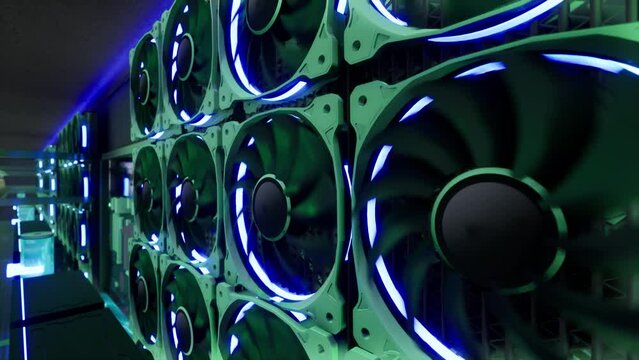 3D animation of mining equipment on stand racks mine cryptocurrency in steel container. Blockchain technology application specific integrated circuit datacenter. Server room lights.