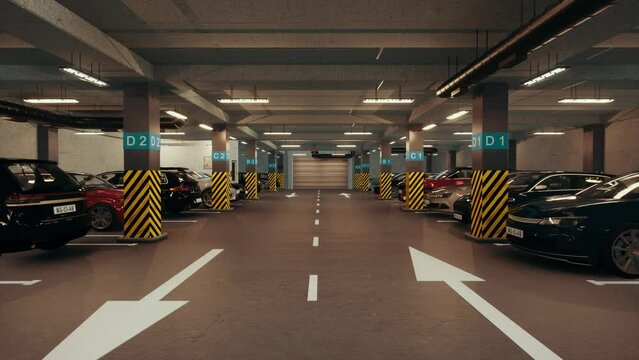 Underground parking with cars. Modern underground parking. Indoor full modern parking
